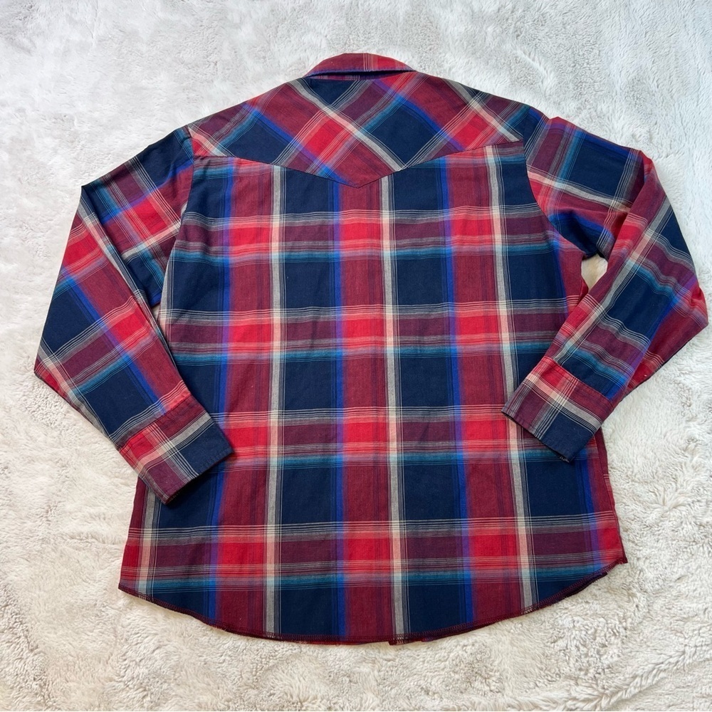 Wrangler Pearl Snap Shirt Casual Plaid Red Blue Western Size 16.5 / 35 - Picture 7 of 7